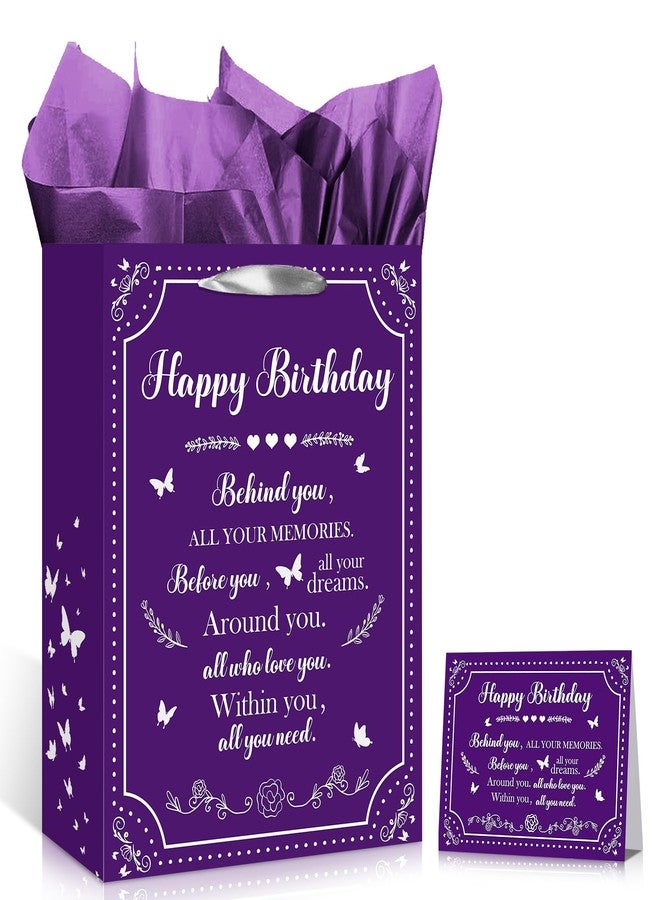 Wayyogh Purple Butterfly Birthday Gift Bag for Girls Women, Large Happy Wrapping Paper Bag with Greeting Card and Tissue Paper for Her Anniversary Party Gift Wrap Bag Decorations - Image 1