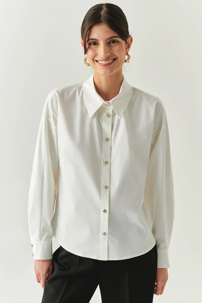 EXQUISE Gold Buttoned Long Raglan Sleeve Regular Bone Shirt