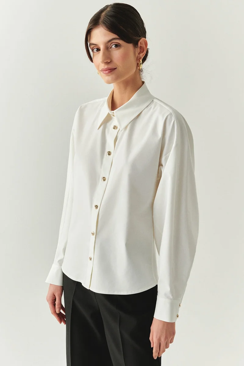 EXQUISE Gold Buttoned Long Raglan Sleeve Regular Bone Shirt
