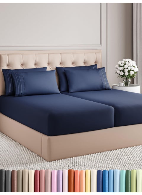 Split King 7 Piece Sheet Set  Comfy Breathable  Cooling  Soft Hotel Luxury Bedding Set with 816 Inch Deep Pockets  1 Flat  2 Fitted Sheet  4 Pillowcases  Wrinkle Free  Easy Care  Navy Blue