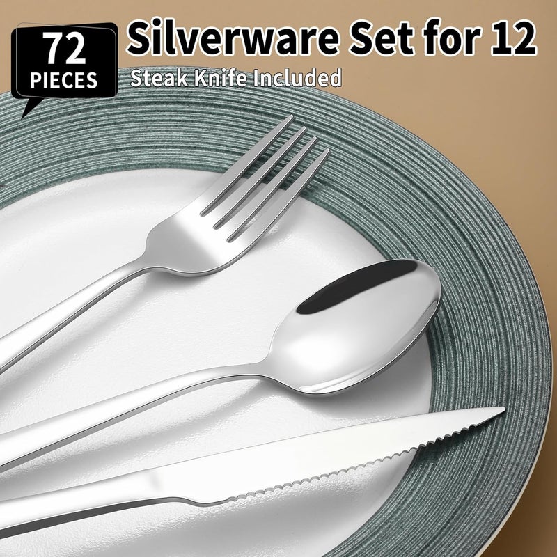 Prendcyx 72 Piece Silverware Set with Steak Knives for 12, Stainless Steel Flatware Set, Food-Grade Tableware Cutlery Set Includes Forks Spoons Knives, Mirror Polished, Dishwasher Safe - Image 2