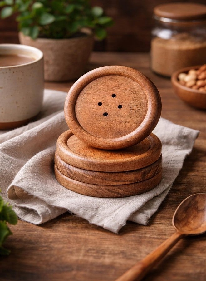 Moxly Wooden Tea Coasters Set of 4 - Handcrafted Round Coasters for Cups & Mugs | Natural Acacia Wood | Table Protector for Home, Office, Dining & Gifting - Image 5