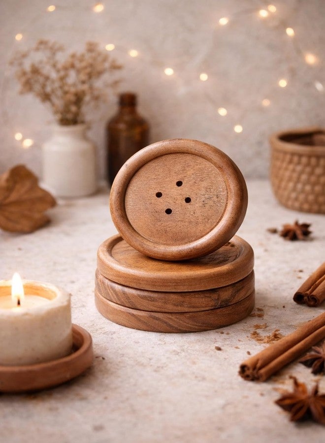 Moxly Wooden Tea Coasters Set of 4 - Handcrafted Round Coasters for Cups & Mugs | Natural Acacia Wood | Table Protector for Home, Office, Dining & Gifting - Image 3