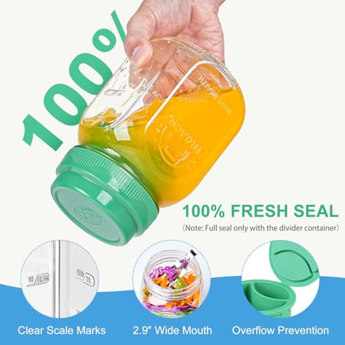 Syntic [UPGRADE] 1 Pack Glass Salad Pod with Silicone Divider Container for Lunch Meal Prep, Leakproof Salad Jar with Lid & Fork, Separation Divider for Dressing Sauces & Dry Ingredients, 32 oz Mason Jar - Image 5