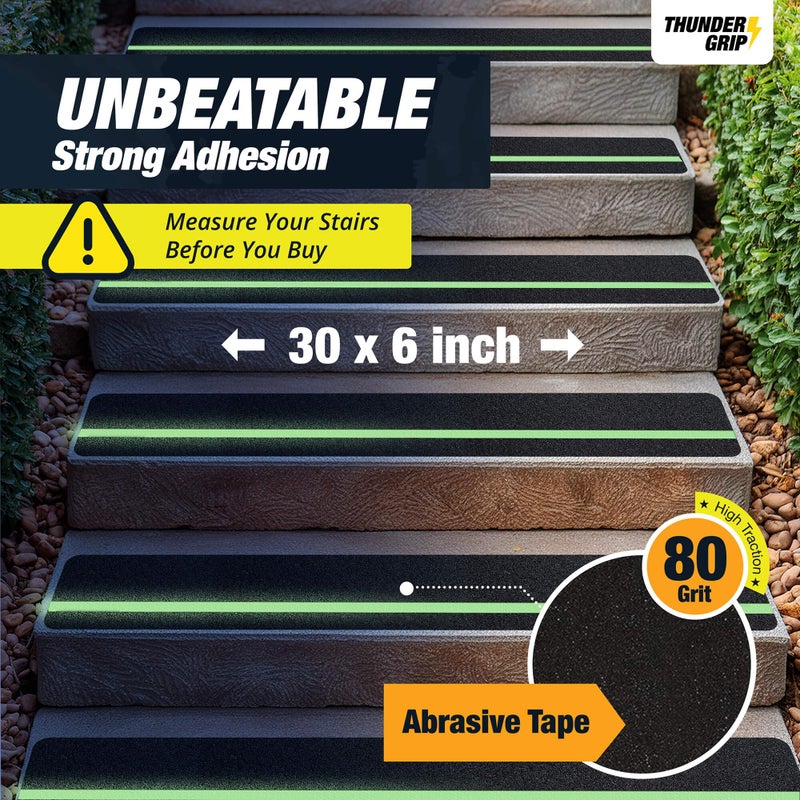 THUNDER GRIP Grip Tape for Stairs 30" x 6" - 12-Pack Glow in the Dark Outdoor Stair Treads Non-Slip Weather Resistant - Anti Slip Tape for Exterior Wooden Steps - Waterproof 80-Grit Adhesive Treads - Image 3