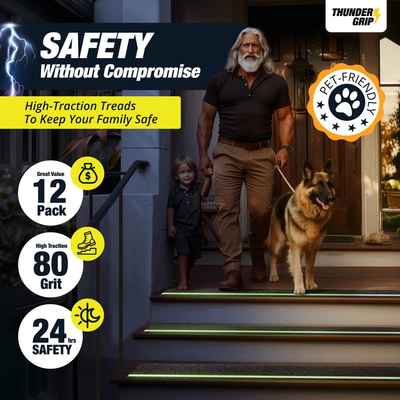 THUNDER GRIP Grip Tape for Stairs 30" x 6" - 12-Pack Glow in the Dark Outdoor Stair Treads Non-Slip Weather Resistant - Anti Slip Tape for Exterior Wooden Steps - Waterproof 80-Grit Adhesive Treads - Image 2