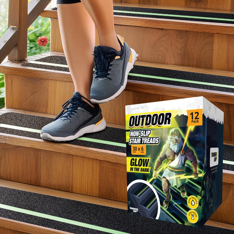 THUNDER GRIP Grip Tape for Stairs 30" x 6" - 12-Pack Glow in the Dark Outdoor Stair Treads Non-Slip Weather Resistant - Anti Slip Tape for Exterior Wooden Steps - Waterproof 80-Grit Adhesive Treads - Image 1