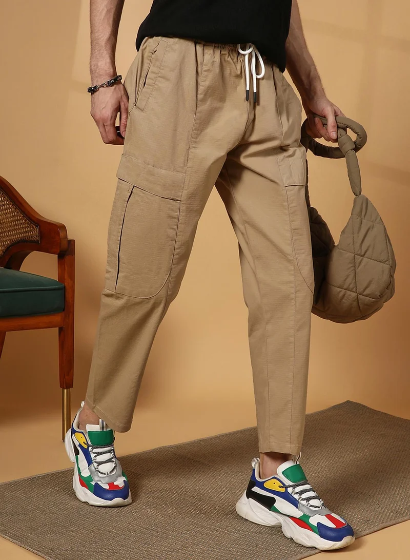 Men's Khaki Brown Solid Utility Trousers