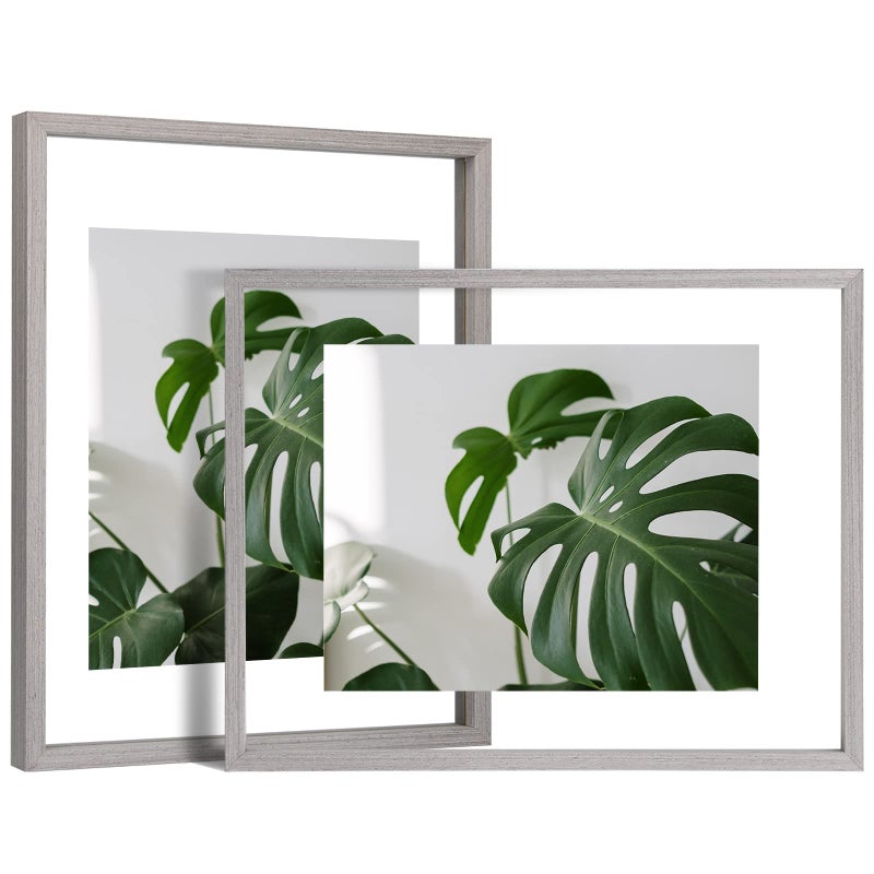 Egofine 11x14 Floating Frames Set of 2 Double Plexiglass Picture Frame Made of Solid Wood Display Any Size Photo up to 11x14 Wall Mount or Tabletop Standing Light Grey
