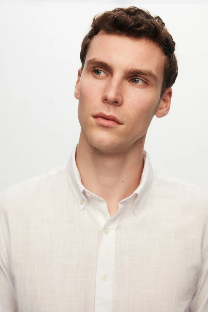 دي أس دامات Slim Fit White Button-down Collar 100% Cotton Summer Flamed Linen Look Shirt 6HC02ORT63265