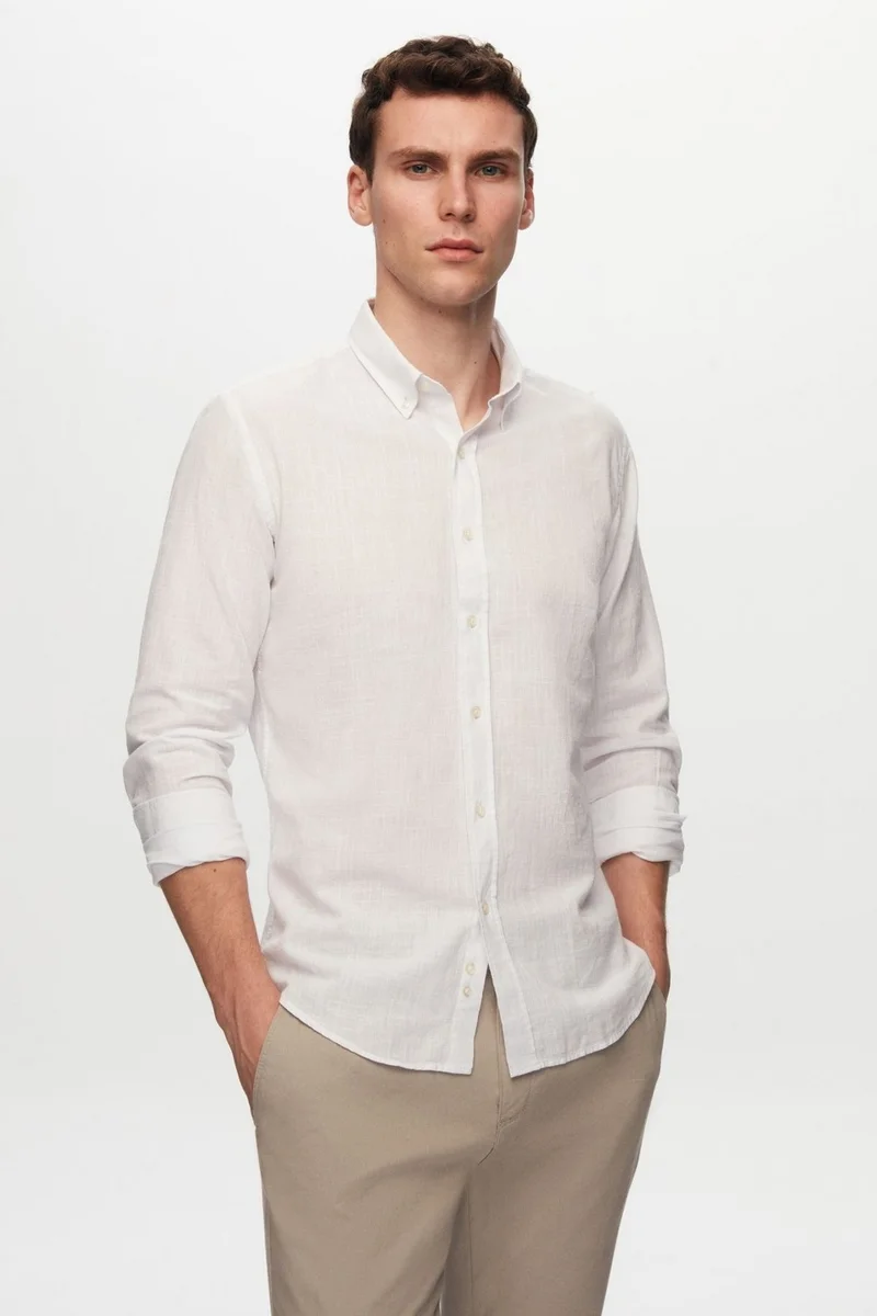 دي أس دامات Slim Fit White Button-down Collar 100% Cotton Summer Flamed Linen Look Shirt 6HC02ORT63265
