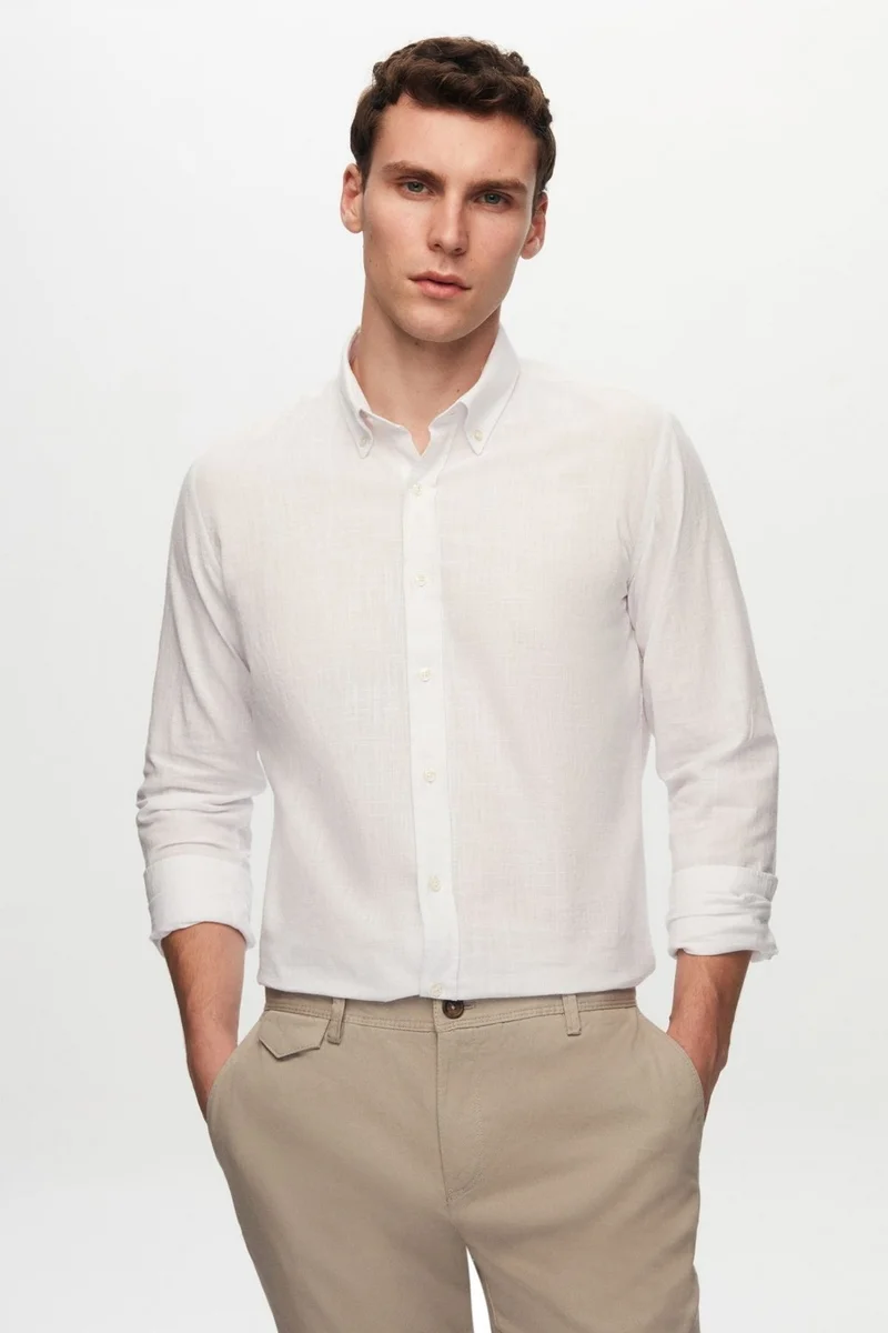 دي أس دامات Slim Fit White Button-down Collar 100% Cotton Summer Flamed Linen Look Shirt 6HC02ORT63265