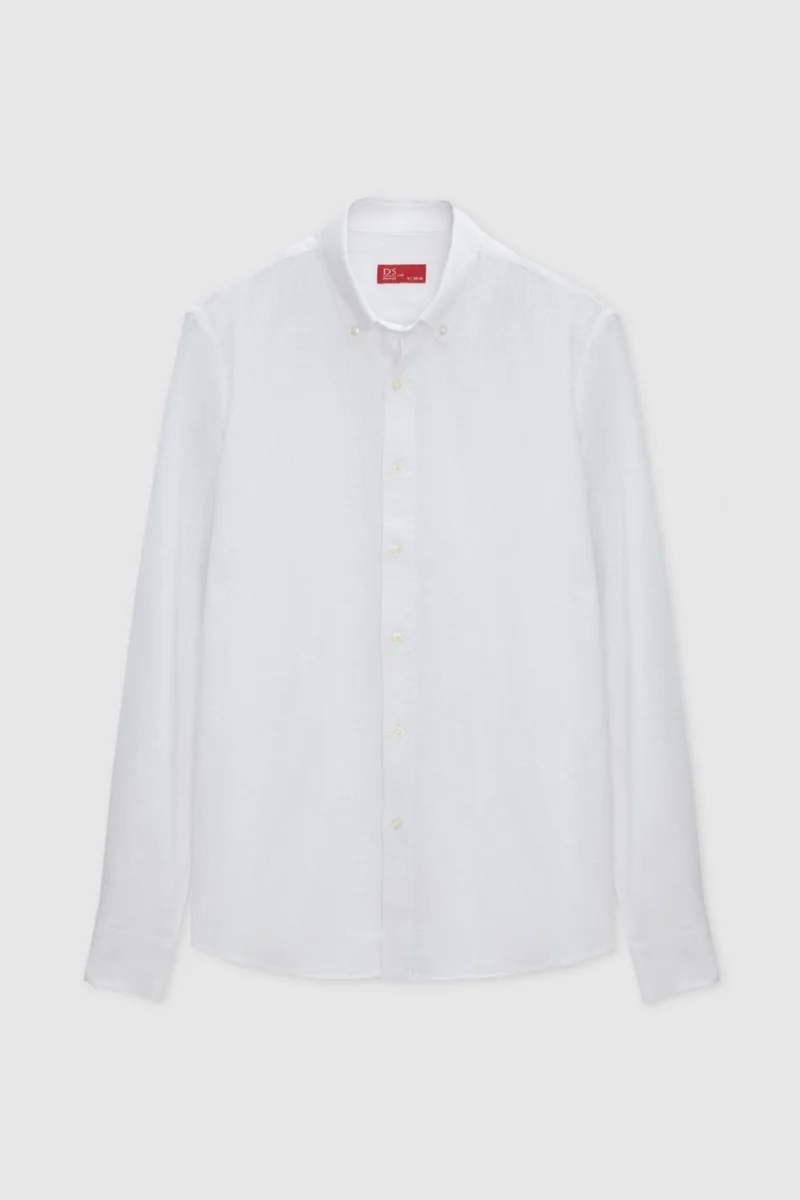 دي أس دامات Slim Fit White Button-down Collar 100% Cotton Summer Flamed Linen Look Shirt 6HC02ORT63265