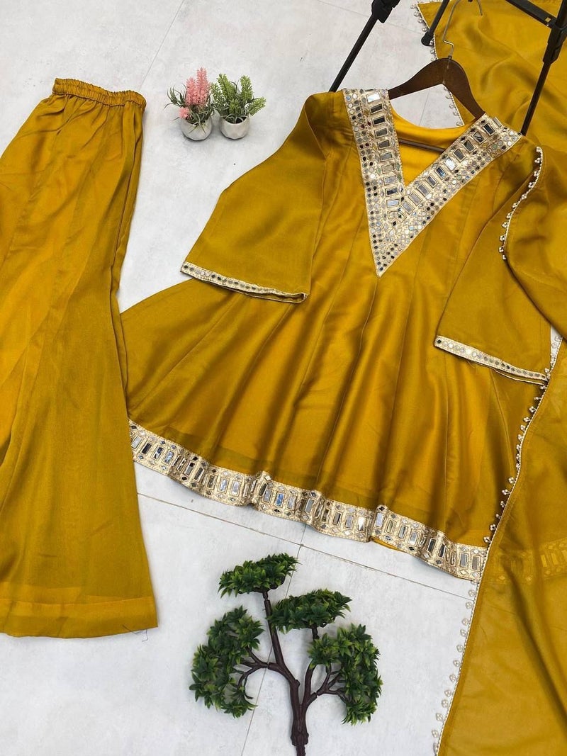 ANAITA Mustard Silk Readymade Suit with Real Mirror Work - Image 3