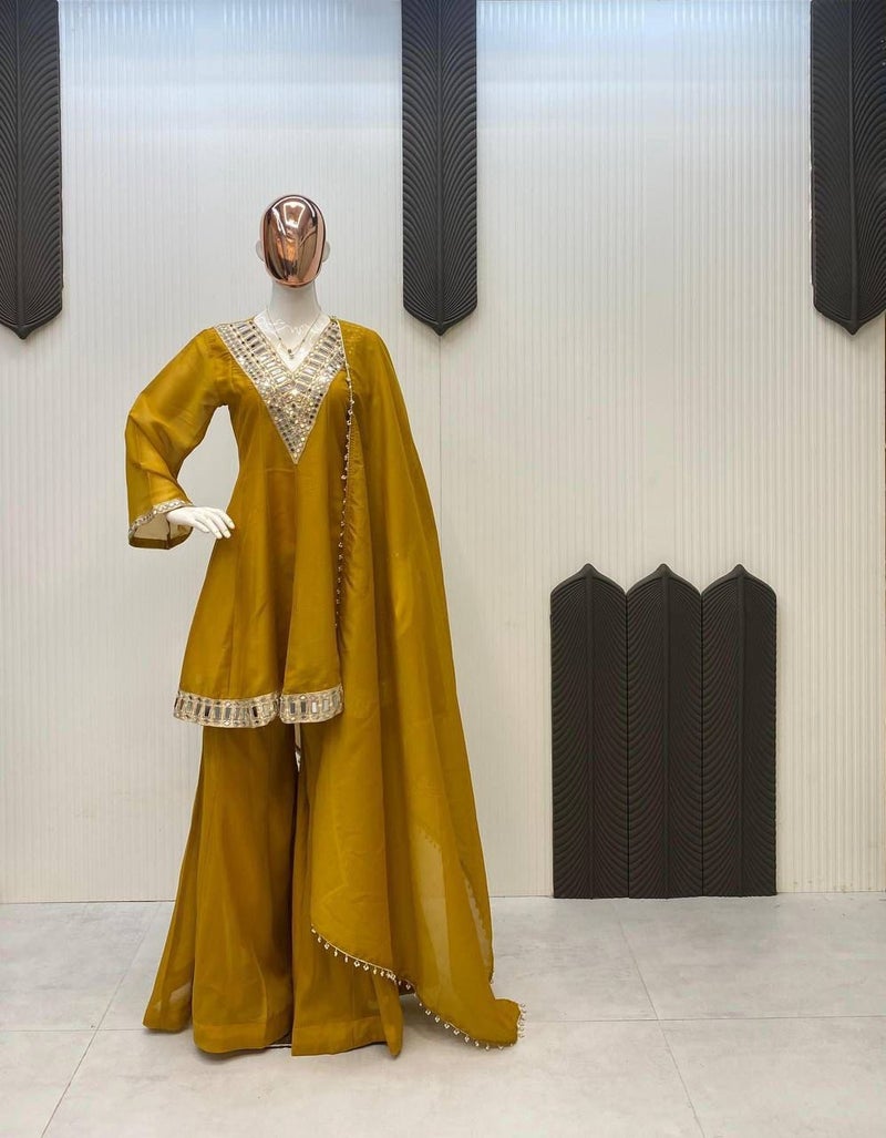 ANAITA Mustard Silk Readymade Suit with Real Mirror Work - Image 2