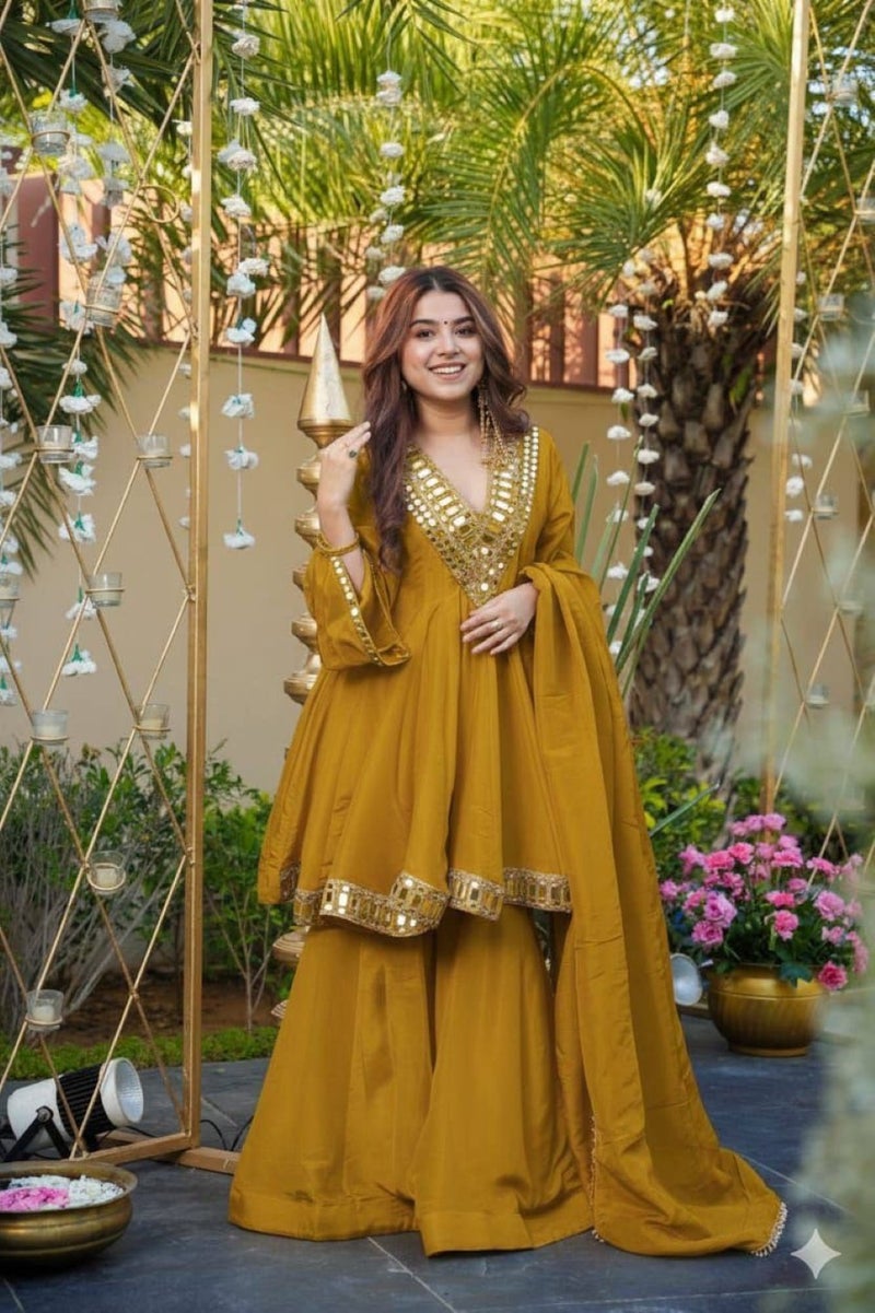 ANAITA Mustard Silk Readymade Suit with Real Mirror Work - Image 1