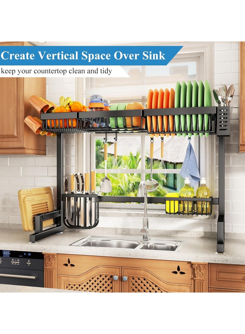 2-Tier Over-the-Sink Dish Drying Rack – Large Capacity Stainless Steel Organizer for Kitchen & Restaurant Use, Includes Utensil Holder and Hooks, Stylish Black Finish - Image 2