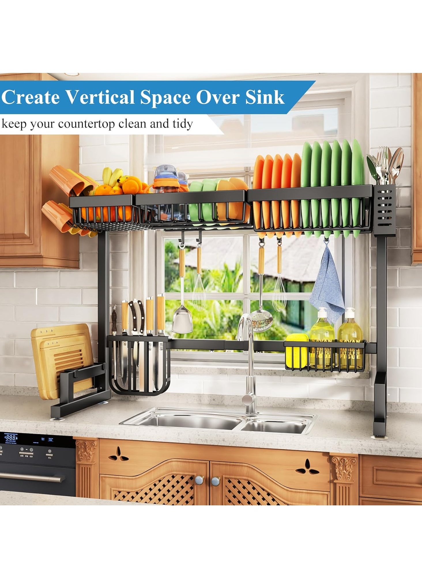 2-Tier Over-the-Sink Dish Drying Rack – Large Capacity Stainless Steel Organizer for Kitchen & Restaurant Use, Includes Utensil Holder and Hooks, Stylish Black Finish - https://f.nooncdn.com/p/pzsku/Z08F282AADC6632F03082Z/45/1746261021/9e91bd78-5f35-4eae-bac8-28dce1a60753.jpg?width=original