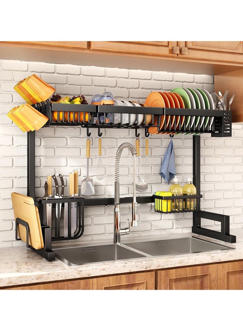 2-Tier Over-the-Sink Dish Drying Rack – Large Capacity Stainless Steel Organizer for Kitchen & Restaurant Use, Includes Utensil Holder and Hooks, Stylish Black Finish - Image 1