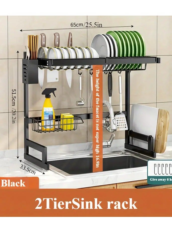 2-Tier Over-the-Sink Dish Drying Rack – Large Capacity Stainless Steel Organizer for Kitchen & Restaurant Use, Includes Utensil Holder and Hooks, Stylish Black Finish - Image 4