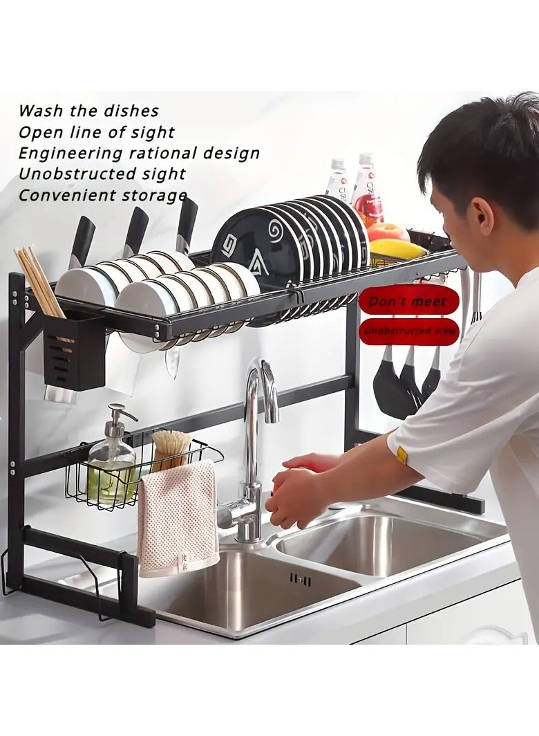 2-Tier Over-the-Sink Dish Drying Rack – Large Capacity Stainless Steel Organizer for Kitchen & Restaurant Use, Includes Utensil Holder and Hooks, Stylish Black Finish - Image 5