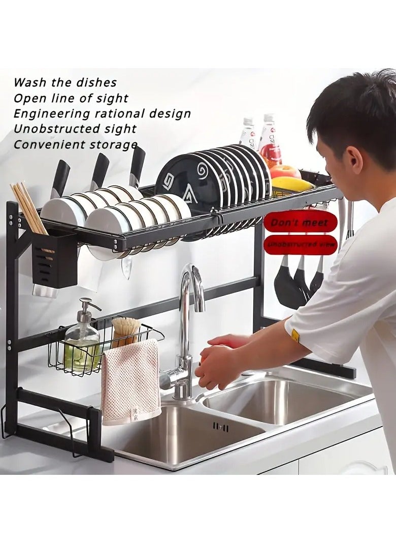 2-Tier Over-the-Sink Dish Drying Rack – Large Capacity Stainless Steel Organizer for Kitchen & Restaurant Use, Includes Utensil Holder and Hooks, Stylish Black Finish - https://f.nooncdn.com/p/pzsku/Z08F282AADC6632F03082Z/45/_/1734552736/90569eec-3571-4b26-a47c-51ae90731b5b.jpg?width=original