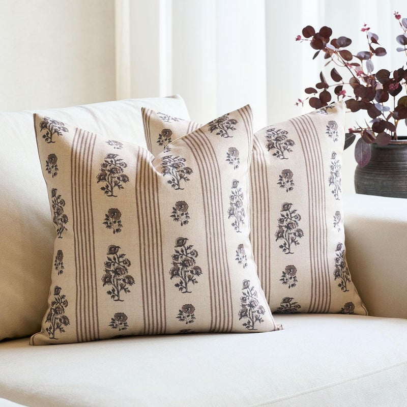 Amor Virisso Floral Throw Pillow Covers 20x20 Set of 2 Block Print Pillow Covers Neutral Floral Striped Farmhouse Decorative Pillow Covers for Sofa Couch Bed, Brown - Image 1