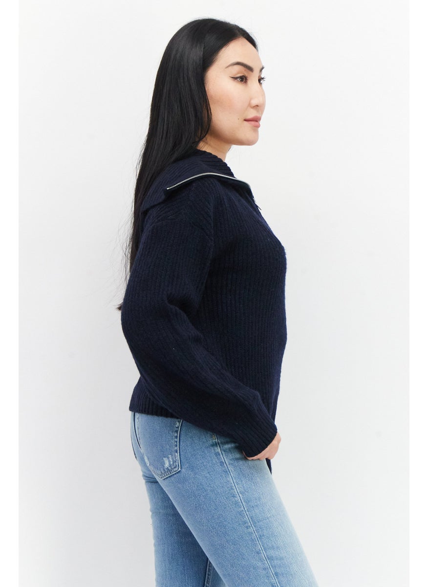 French Connection Women Spread Collar Knitted Sweater, Navy Blue  - Image 3