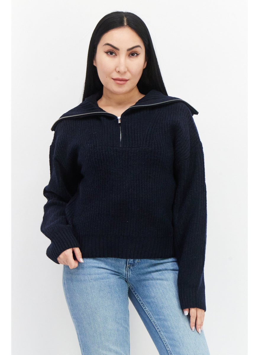 French Connection Women Spread Collar Knitted Sweater, Navy Blue  - Image 1