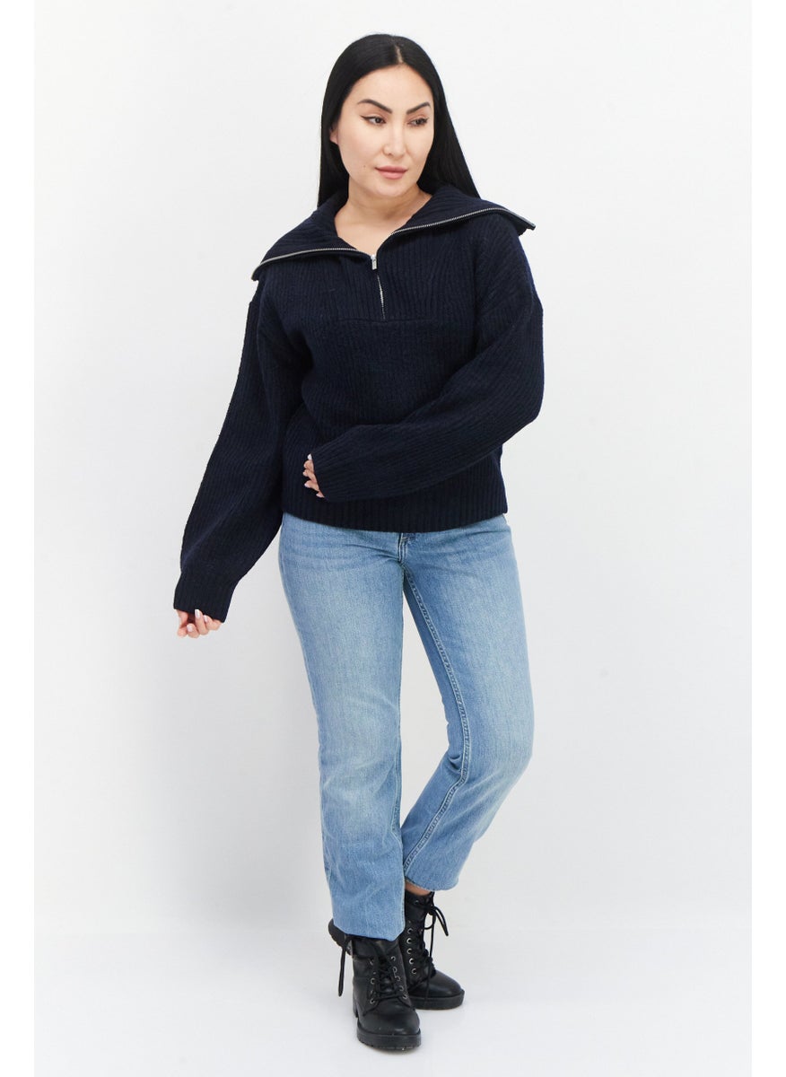 French Connection Women Spread Collar Knitted Sweater, Navy Blue  - Image 4