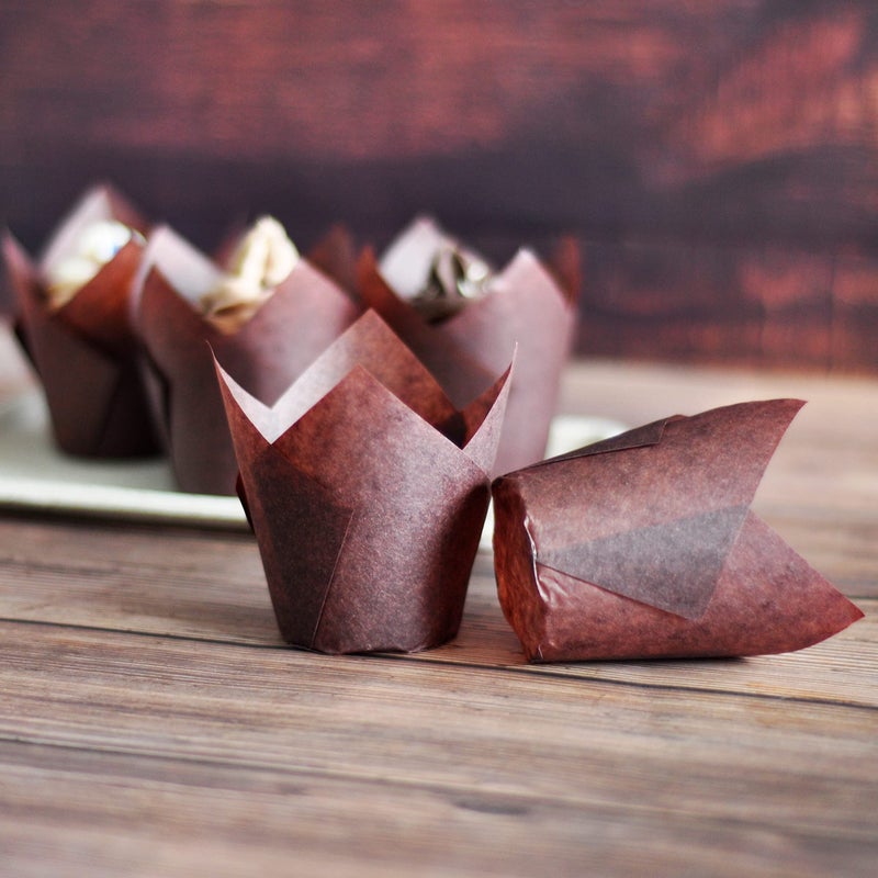 MyBakning Large size White+Brown Tulip Baking Cups 2-1/4"(Base diameter) x 4"(Wall height) Greaseproof paper baking cupcake Muffin liners, Case of 130 pcs - Image 5