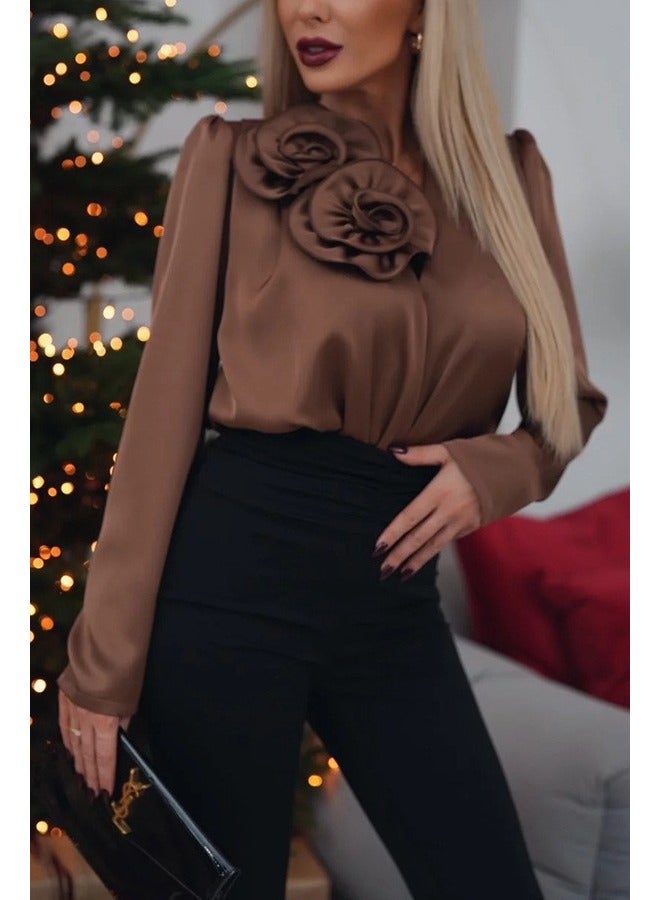 Shougu New V-neck Floral Decoration Satin Long Sleeved Shirt  - Image 1