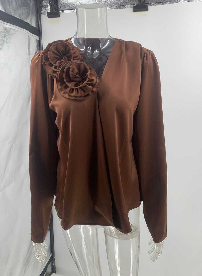 Shougu New V-neck Floral Decoration Satin Long Sleeved Shirt  - Image 3