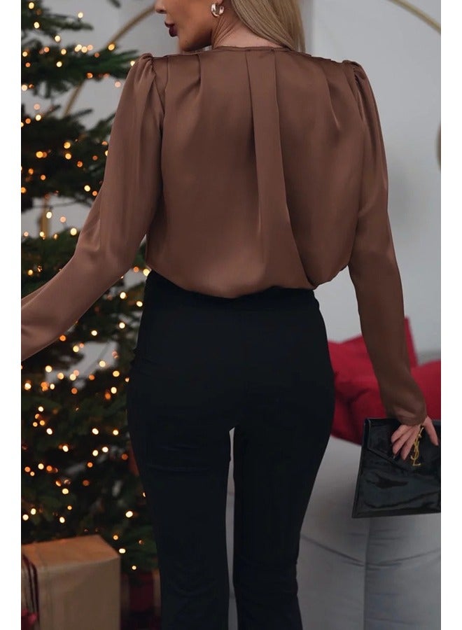 Shougu New V-neck Floral Decoration Satin Long Sleeved Shirt  - Image 4