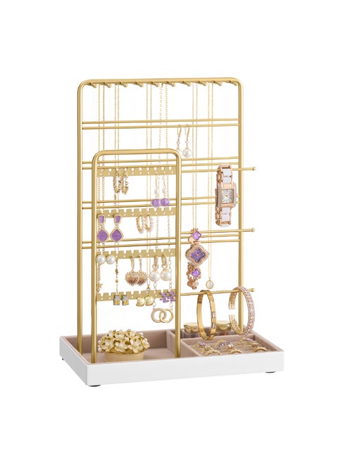 SONGMICS Jewelry Holder, Jewelry Organizer, Jewelry Display Stand with Metal Frame, Velvet Tray, Necklace Earring Bracelet Holder, for Studs, Rings, Gift Idea, Pale Gold