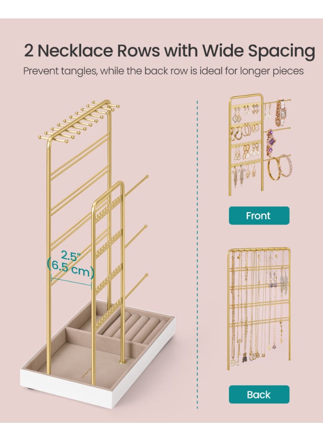 SONGMICS Jewelry Holder, Jewelry Organizer, Jewelry Display Stand with Metal Frame, Velvet Tray, Necklace Earring Bracelet Holder, for Studs, Rings, Gift Idea, Pale Gold - Image 3