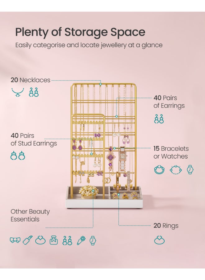 SONGMICS Jewelry Holder, Jewelry Organizer, Jewelry Display Stand with Metal Frame, Velvet Tray, Necklace Earring Bracelet Holder, for Studs, Rings, Gift Idea, Pale Gold - Image 4