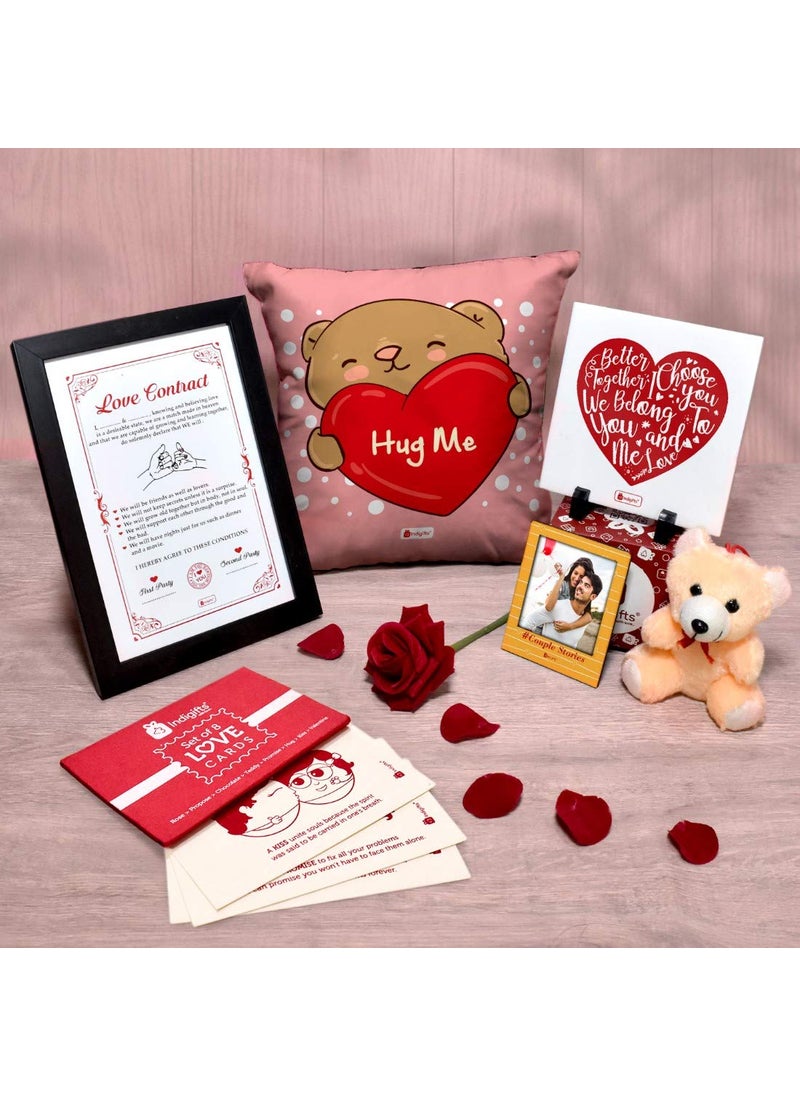 Indigifts - Indigifts Valentine Gift Hamper for Girlfriend Cute Teddy, Artificial Rose & Photo Magnet with Postcard Love Quote Pink Cushion Cover with Filler 12x12 Pink, Love Gifts, Gift for Wife - Image 1