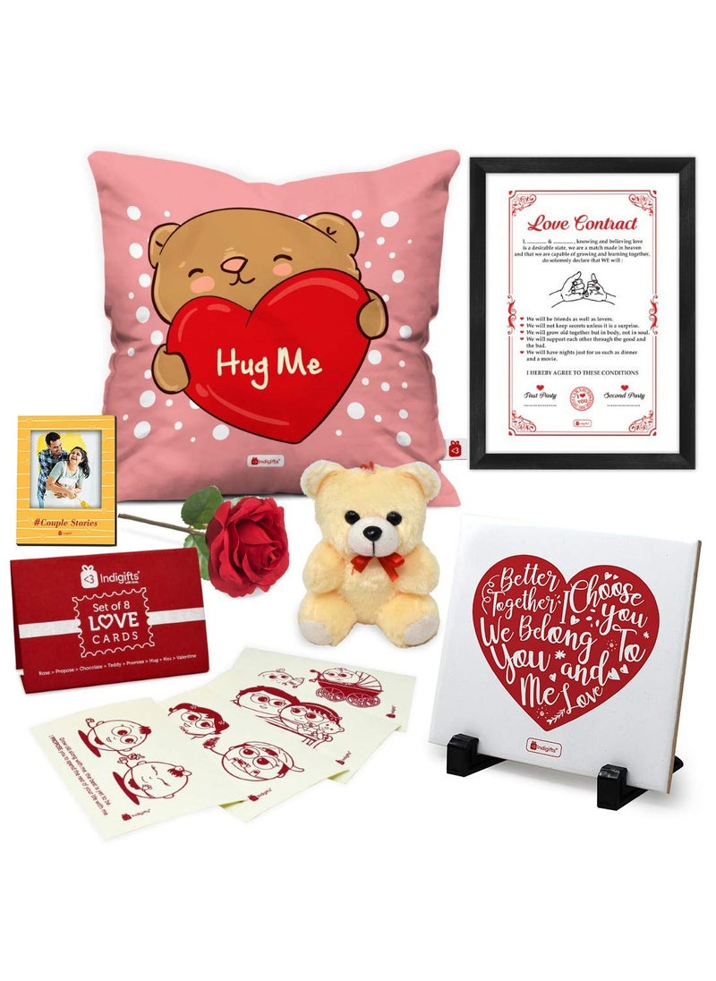 Indigifts - Indigifts Valentine Gift Hamper for Girlfriend Cute Teddy, Artificial Rose & Photo Magnet with Postcard Love Quote Pink Cushion Cover with Filler 12x12 Pink, Love Gifts, Gift for Wife - Image 1