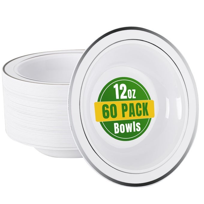 60 PACK PLASTIC BOWLS WITH SILVER RIM 12 OZ PLASTIC SOUP BOWLS DISPOSABLE FOR PARTY WEDDING GATHERING