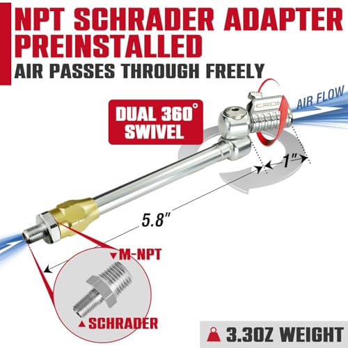 BDFHYK CROM Air Chuck Tire Inflator LockOn Chuck with 14Inch F NPT Open Flow for Dually Trucks RV Bicycle Car Semi Includes Schrader Adapter Extension 7 Inch - Image 3