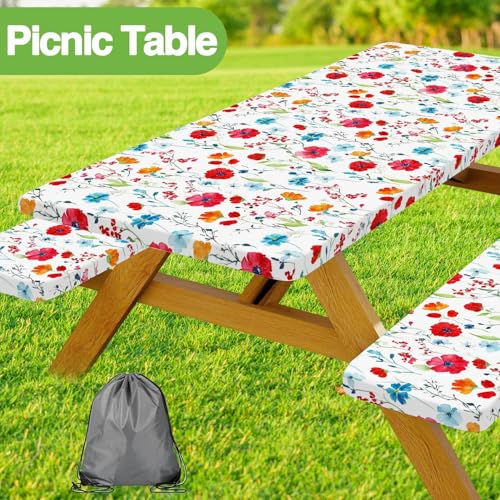 JAWO Picnic Table Cover with Bench Covers Flowes Boho Floral Camping RV Essentials Gear Supplies Outdoor Waterproof Windproof Tablecloth with Elastic 72in - Image 3