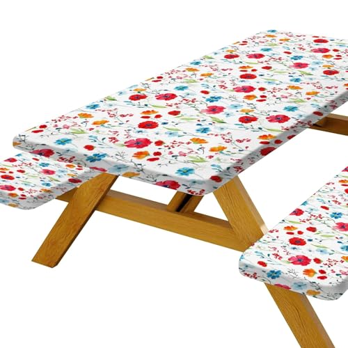 JAWO Picnic Table Cover with Bench Covers Flowes Boho Floral Camping RV Essentials Gear Supplies Outdoor Waterproof Windproof Tablecloth with Elastic 72in - Image 1
