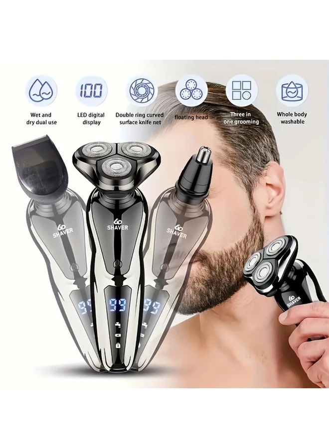 ماكينة حلاقة كهربائية 3 في 1 فضية مع قاطع شعر الأنف، شاحن عبر USB، شفرات عائمة ثلاثية الأبعاد، للاستخدام الجاف والرطب - Image 4
