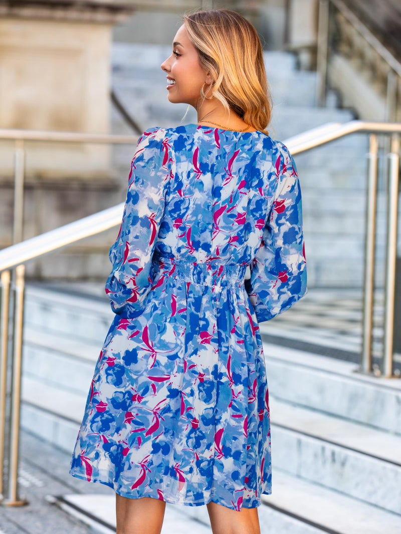 Simplee Womens Floral Mini Dress - Long Sleeve Casual V Neck Chiffon Modest Boho Flowy Fall Wedding Guest Dresses,Blue White Floral M - Image 4