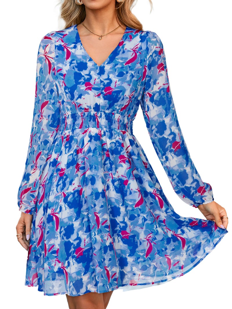 Simplee Womens Floral Mini Dress - Long Sleeve Casual V Neck Chiffon Modest Boho Flowy Fall Wedding Guest Dresses,Blue White Floral M - Image 1