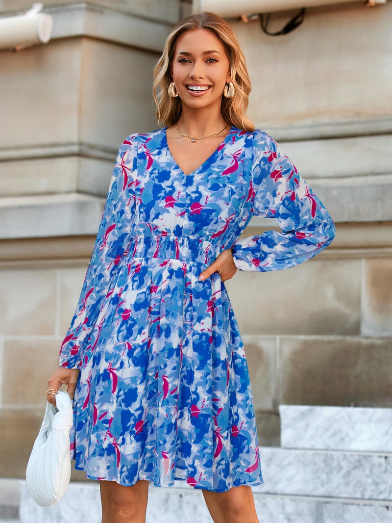 Simplee Womens Floral Mini Dress - Long Sleeve Casual V Neck Chiffon Modest Boho Flowy Fall Wedding Guest Dresses,Blue White Floral M - Image 3