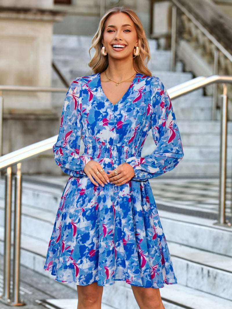 Simplee Womens Floral Mini Dress - Long Sleeve Casual V Neck Chiffon Modest Boho Flowy Fall Wedding Guest Dresses,Blue White Floral M - Image 5