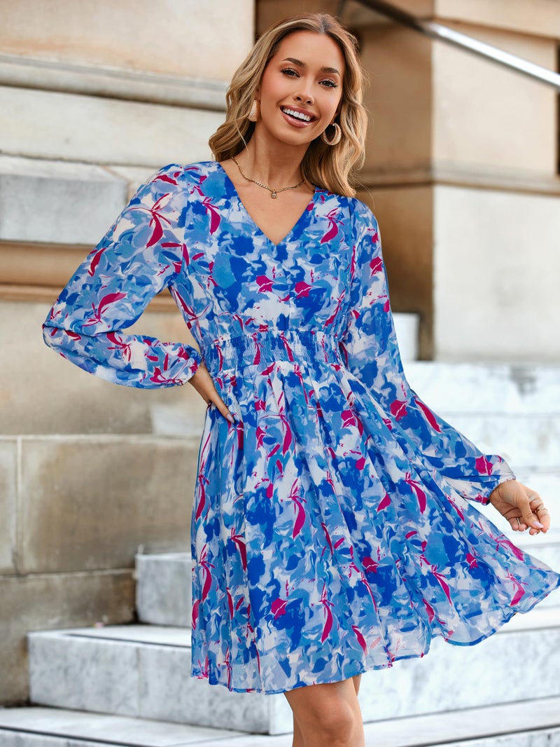 Simplee Womens Floral Mini Dress - Long Sleeve Casual V Neck Chiffon Modest Boho Flowy Fall Wedding Guest Dresses,Blue White Floral M - Image 2