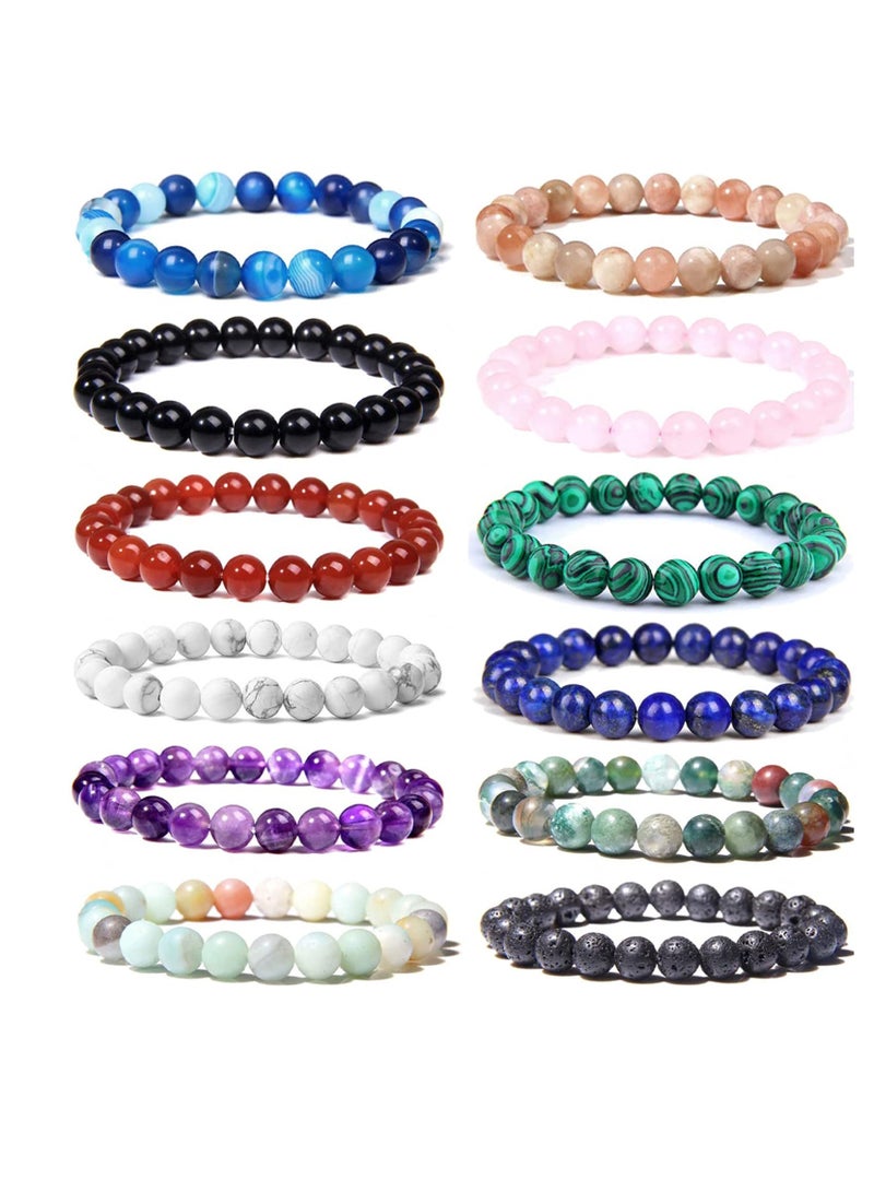 SYOSI 12PCS 8mm Semi-precious Beaded Bracelets for Men Women Healing Stretch Round Bead Crystal Gemstones Bracelets Unisex - Image 1